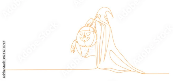 Fototapeta Minimalist one line drawing of a spooky ghostly figure holding a jack-o’-lantern pumpkin. The design uses continuous orange lines to create a haunting and eerie Halloween illustration