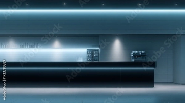 Fototapeta Modern minimalist coffee shop interior featuring sleek black counter, illuminated shelves, and stylish coffee machine, creating a contemporary and inviting atmosphere for patrons