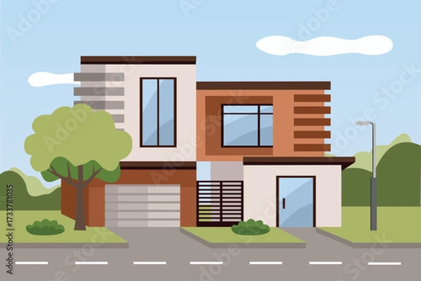 Obraz Residential neighborhood. House garage. Luxury modern house. City house. Real estate. Modern Residential Exterior.