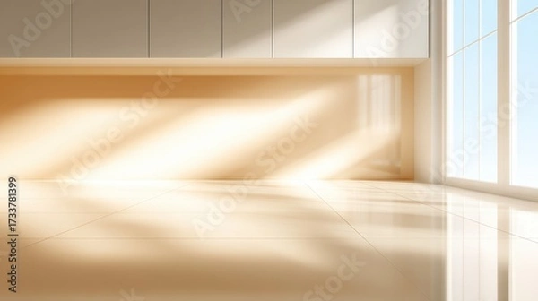 Fototapeta Bright, spacious interior with large windows allowing natural light to flood in, showcasing polished floors and minimalistic design elements, perfect for modern living spaces