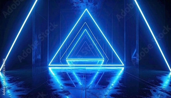 Fototapeta Illuminated Blue Neon Triangles in Reflective Dark Tunnel Abstract