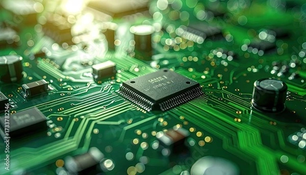 Fototapeta Illuminated Green Motherboard Close Up with Integrated Circuits and Golden Highlights Technology Abstract