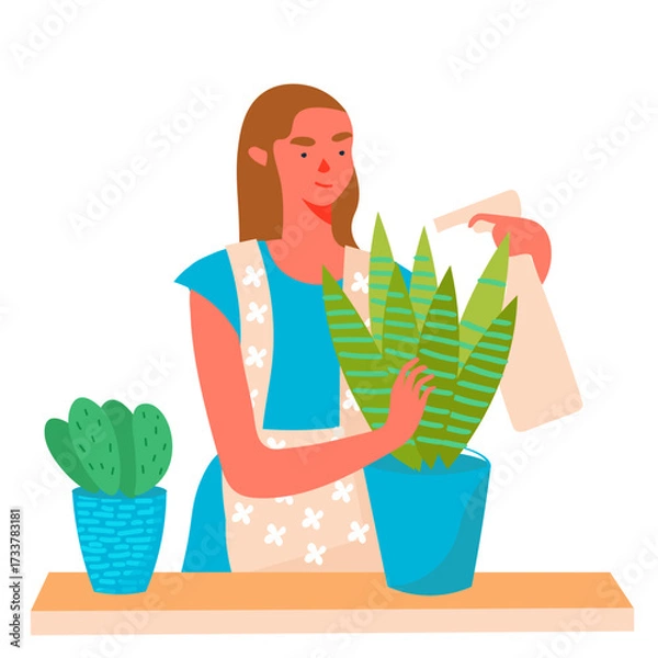 Obraz A Woman diligently nurturing her beautiful indoor plants in a bright and inviting workshop. Trendy vector isolated on transparent background