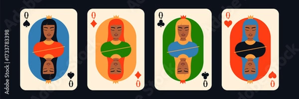 Fototapeta Queen of Cards Set with Diverse Black Faces. Modern Playing Card. Flat Vector Illustration.