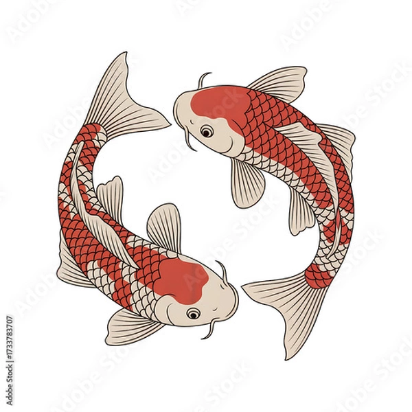 Fototapeta Two Red and White Koi Fish Swimming in Yin Yang Formation carp japan isolated on a transparent background
