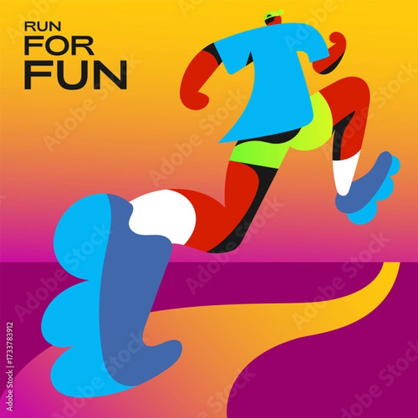 Fototapeta Run For Fun Motivational Poster with Black Runner. Flat Design. Vector Illustration. Editable Graphic.