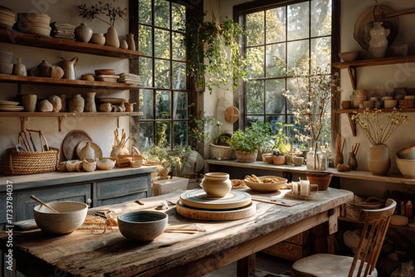 Fototapeta Pottery Studio with Earthenware and Natural Light