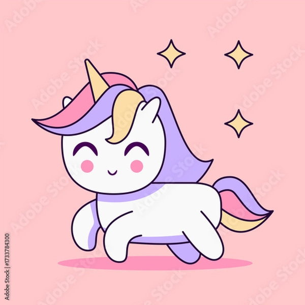 Fototapeta Cute Unicorn with Rainbow Mane Magical Fantasy. Vector Illustration. Editable Flat Design.