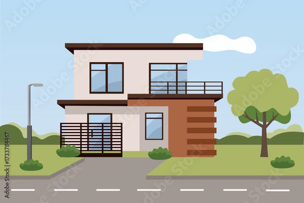 Obraz Modern City House. Urban Modern House Illustration. City Residential Modern Architecture. Green city. Home landscape.