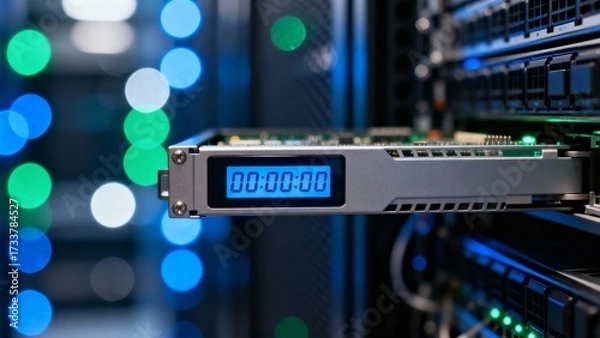 Obraz Server Rack Hardware Displaying Digital Timecode for Data Center Operations Monitoring