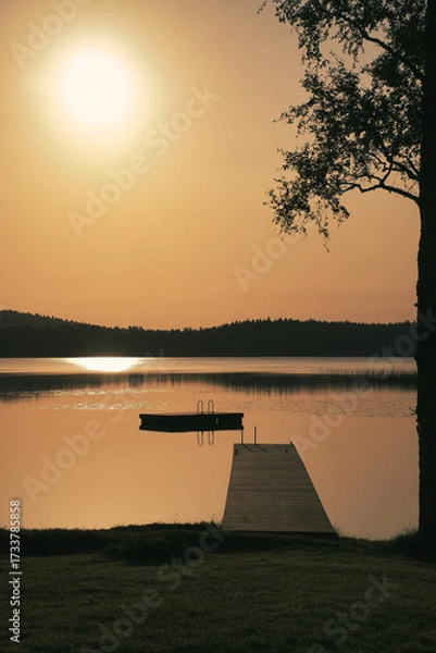 Fototapeta Romantic jetty on the lake at sunset with calm water
