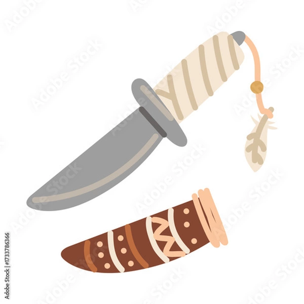 Fototapeta knife is decorated with Indian drawings, feathers, and colored flat illustration. It is used for hunting wild animals. Isolated. Sharp historical object. Nomadic lifestyle. American Indian object.