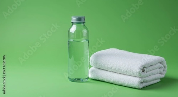 Fototapeta Minimalist Wellness Setup with Water Bottle and Folded Towels on Green Background