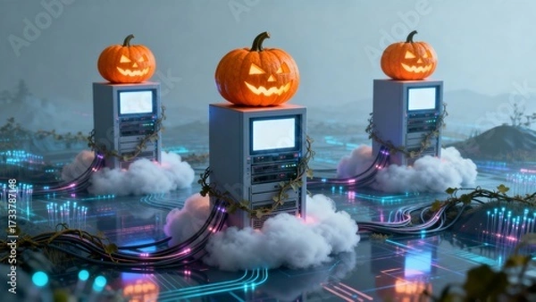 Obraz Spooky Tech Servers with Jack O Lanterns Cloud Computing Halloween Data Center Atmosphere