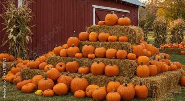 Fototapeta Rustic Autumn Display of Pumpkins on Hay Bales at a Farm