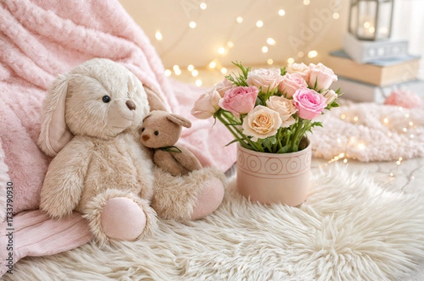 Fototapeta pink background with a soft toy and flowers in a box