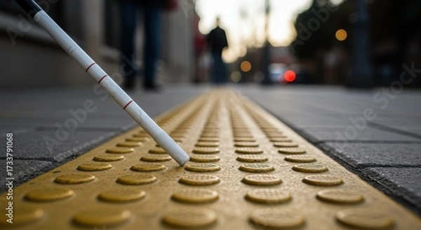 Fototapeta White Cane on Tactile Paving Path in Urban Setting