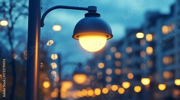 Fototapeta Illuminated urban evening scene with glowing streetlights and building windows