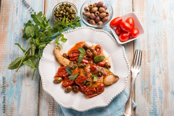 Obraz sword fish with olives capers and tomatoes