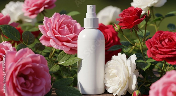 Fototapeta  Generated Image Mockup of a white spray bottle surrounded by roses.
