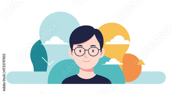 Fototapeta A young person with glasses smiles confidently surrounded by colorful abstract shapes representing ideas and thoughts.