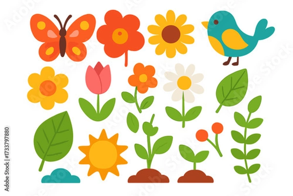 Fototapeta Cute spring and summer nature icon set. Colorful cartoon vector illustration collection with flower, butterfly, bird, sun, and plant elements for kids. Flat design graphic set.
