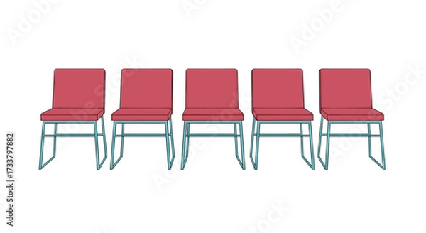 Fototapeta A row of five identical red chairs with metal frames sits waiting for occupants.