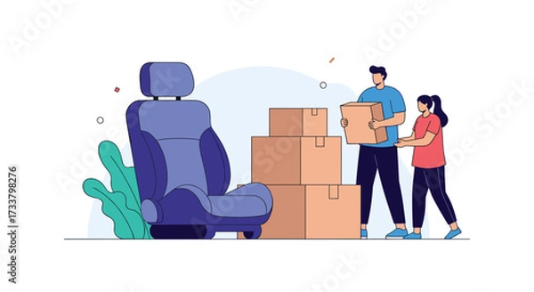 Fototapeta People moving car seats and cardboard boxes for relocation or delivery.