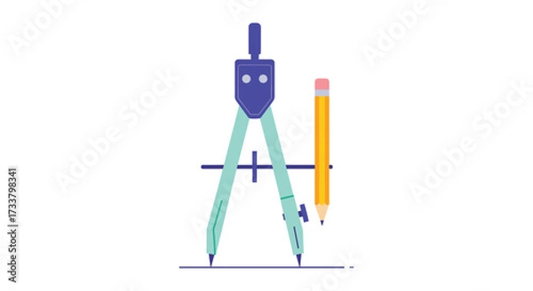 Fototapeta A drafting compass and a pencil are used to draw geometric shapes on a piece of paper for education.