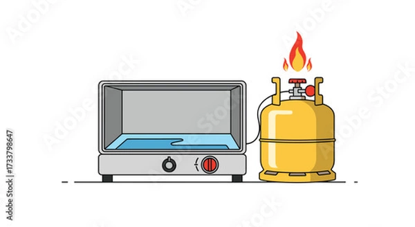 Fototapeta A gas stove with a flame and a propane tank is shown in a simple illustration.