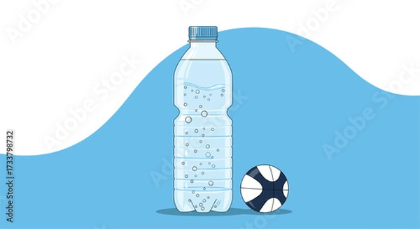 Fototapeta Clear plastic water bottle with a small patterned ball next to it.