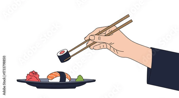 Fototapeta Enjoying a delicious piece of sushi with chopsticks from a plate of fresh Japanese food.