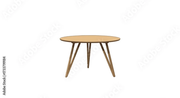 Fototapeta A round wooden coffee table with three slim tapered legs is positioned in the center of a plain white background.