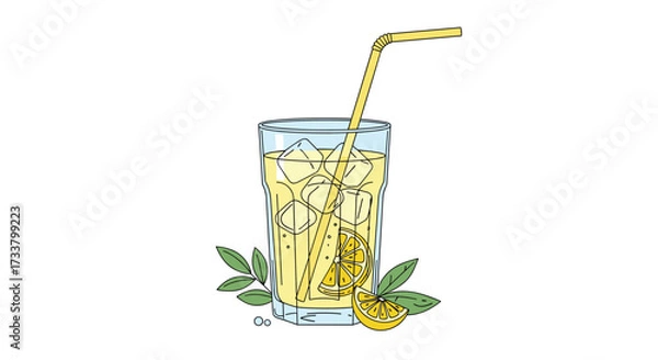 Fototapeta Refreshing glass of lemonade with ice and mint leaves on a white background.