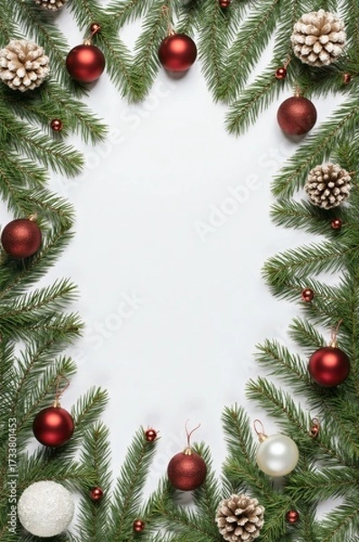 Fototapeta Christmas Holiday Frame with Ornaments and Pine, Mockup