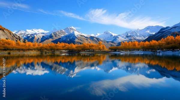 Obraz Mountain lake with autumn trees and snow peaks