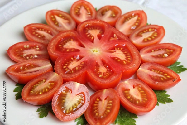 Fototapeta Unique tomatoes decoration on White Plate