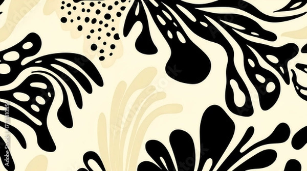 Fototapeta Vector background in modern fauvist style. Abstract black floral shapes scattered chaotically on a beige backdrop. Bold, expressive and organic design with artistic, minimal vibes.