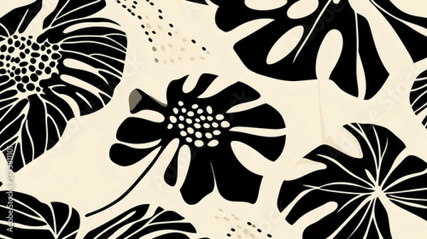 Fototapeta Vector background in modern fauvist style. Abstract black floral shapes scattered chaotically on a beige backdrop. Bold, expressive and organic design with artistic, minimal vibes.