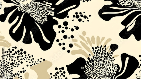 Fototapeta Vector background in modern fauvist style. Abstract black floral shapes scattered chaotically on a beige backdrop. Bold, expressive and organic design with artistic, minimal vibes.