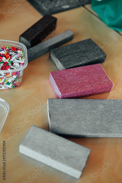 Fototapeta Colorful Recycled Plastic Fragments and Processed Material Samples