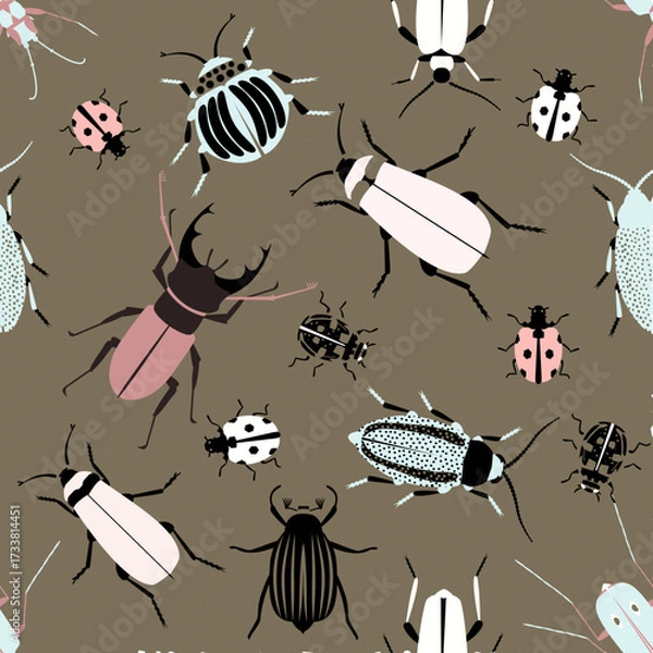 Fototapeta Beetle animals seamless pattern. Vector design template.
