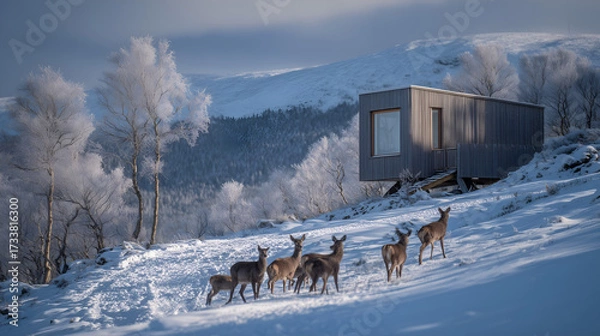 Fototapeta Cozy eco home in a snowy forest, energy-efficient architecture, sustainable lifestyle and harmony with nature.