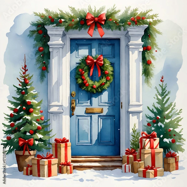Fototapeta a Christmas blue door decorated with a wreath, garlands, and ribbons, with Christmas trees and many gifts placed around it