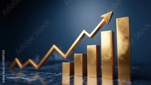 Fototapeta Golden Bar Graph with Upward Arrow. Illustrates Growth, Success, and Positive Trends in Business. Represents Financial Improvement and Market Gains.