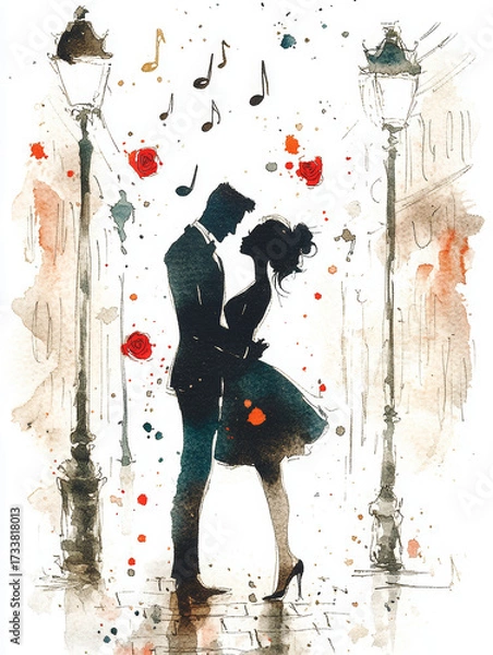 Fototapeta a romantic watercolor scene of a couple’s silhouettes dancing and embracing under street lamps, surrounded by musical notes and vibrant splashes