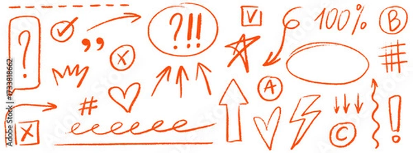 Fototapeta Red doodle emphasis elements. Crayon or pencil drawn speech bubbles, underlines, arrow shapes. Hand drawn doodle marker drawings for notes, diagrams and to do lists. Vector ink illustration.