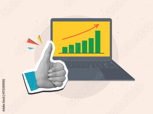 Fototapeta Black and white hand with a thumbs up gesture near a growth chart on a laptop screen. Modern photo collage style. Vector illustration