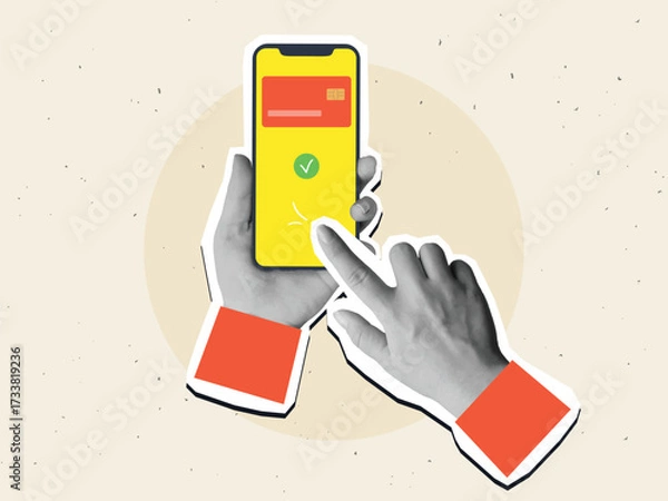 Fototapeta Hands holding a phone with a credit card on the screen. Payment using a smartphone. Contactless payment. Modern photo collage style. Vector illustration