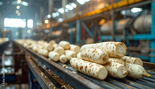 Fototapeta Cassava  Production Line: Freshly harvested root vegetables journey along an industrial conveyor belt within a modern food processing plant.